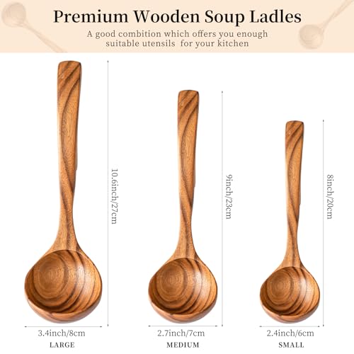 Gudamaye 3 Size Wooden Soup Ladles Set,3 Hooks for Bowl,Pot. Natural Teak Wooden Ladle,10.6 inch Big Soup Ladle, 9 inch Serving Spoon & 8 inch Wood Ladles for Cooking,Teak Deep Ladle Spoons - style: 3 PCS Teak Ladle