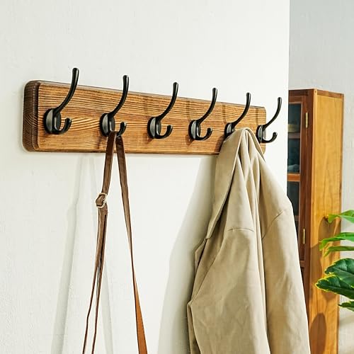 Coat Rack Wall: 24" Long, Patented, Heavy-Duty, 6-Double-Hooks Wooden Wall Mounted Coat Rack Coat Hanger Hook Rail for Winter Coats Hat Jacket Clothing, Natural & Black - color: Natural & Black, size: L=24"(1pcs)