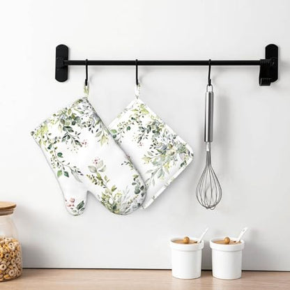 Sage Green Eucalyptus Oven Mitts and Pot Holders Sets Silicone Watercolor Butterfly Leaves Kitchen Mitts Potholders Heat Resistant 4Pcs Oven Gloves Hot Pads for Kitchen Baking Cooking - color: Green Eucalyptus