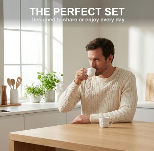 25DOL Small 3.3 Oz Ceramic Espresso Cups Set of 2 - White Cappuccino Cup with Nature Engravings and Comfort-Grip Handle - Expresso Coffee cups, Lead-Free Shot Mugs, Safe for Dishwasher, Microwave