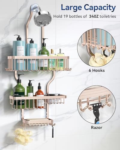 Never Rust Shower Caddy Hanging, Aluminum Shower Racks for Inside Shower, 3-Tier Shower Organizer Hanging Over Shower Head with Hooks and Soap Holder, Rose Gold - color: Rose Gold