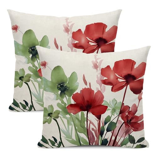 Floral Pillow Covers 18x18 Inches Set of 2 Sage Green Burgundy Red Floral Throw Pillow Covers Outdoor Rustic Summer Flower Decor Pillowcase Farmhouse Decorative Cushion Cover for Home Sofa - color: Flower- Sage Green Red, size: 18" x 18" (Pack of 2)