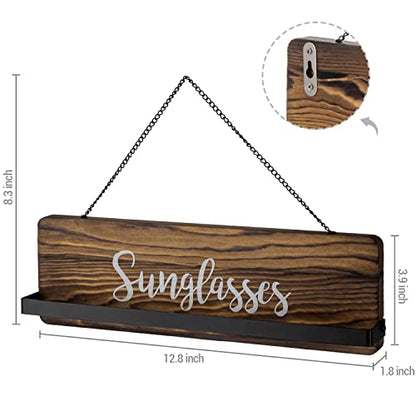 MyGift Rustic Burnt Wood Wall Mounted Sunglasses Storage Holder, Eyewear Hanging Display Organizer Rack with Cursive Sunglasses Lettering, Set of 2