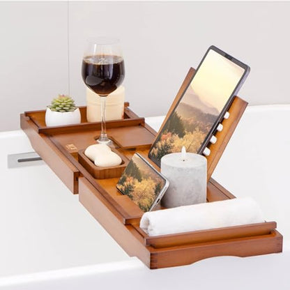 Bamboo Bathtub Caddy Tray with Book Stand & Soap Holder, Brown | Expandable to 41 Inches & Anti-Slip Pads for Luxury Bath Spa - color: Brown
