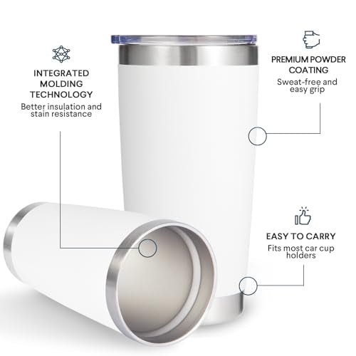 Volhoply 20oz Stainless Steel Tumbler with Lid and Straw Bulk 4 Pack,Double Wall Insulated Travel Iced Coffee Mug Fits Cup holder,Powder Coated Cups for Hot/Cold Drinks,Christmas Gifts（White,4 Set） - color: White