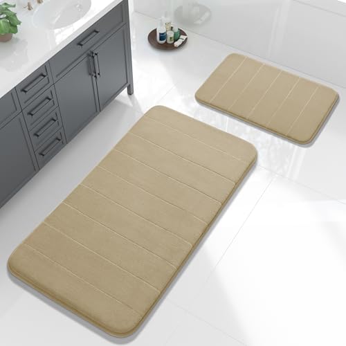 Yimobra Large Bath Mat Set 2 Piece- Super Soft Absorbent Quick Dry Memory Foam Bathroom Rugs, Machine Washable Non Slip Floor Carpet for Tub Shower & Double Vanity (17x24 & 44x24, Pale Khaki) - color: Pale Khaki, size: 44x24+24x17 Inch