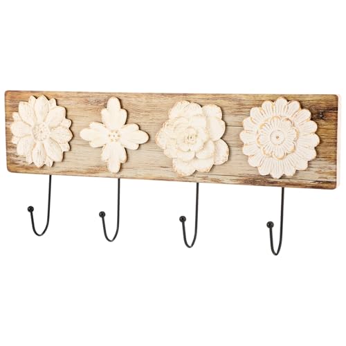 Wood Floral Coat Rack with 4 Hooks Vintage White Flower Wall Mounted Coat Hooks Decor Rustic Theme for Home Entryway Bathroom Hats Keys Towels - style: Flowers