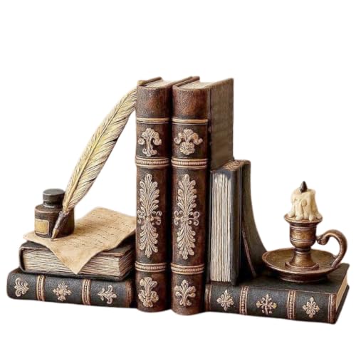 Bellaa Vintage Bookends Wizard Feather Quill Pen & Ink Bottle Oil Lamp Set | Magical Antique Bronze Decorative Book Ends for Shelves, Office, Library - Farmhouse Home Decor 26324