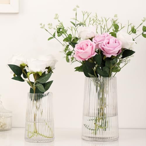 Ribbed Flower Vases Set of 2, Clear Vases for Flowers, Flower Vase for Bouquet, Modern Ribbed Glass Vase for Living Room, Bedroom, Dining Table, Office, Wedding, Centerpieces - color: Clear, size: Large+Medium