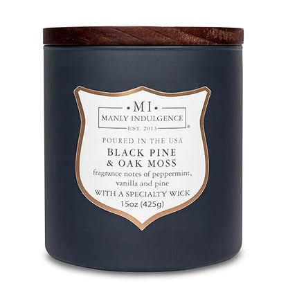 Manly Indulgence Black Pine Oakmoss Scented Candles for Men, 15 oz Wooden Wick, Premium Soy Blend Wax, 60H Burn, Candles for Home Scented - Made in The USA - color: Black Pine & Oak Moss