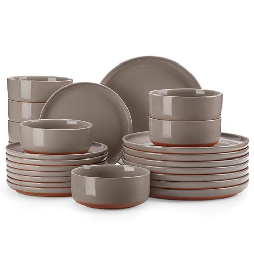 MALACASA Plates and Bowls Sets, 24 Pieces Modern Ceramic Dinnerware Set for 8 Kitchen Dinner Set Stoneware Dishware Dishes Set Microwave and Dishwasher Safe, Brown, Series TARA - color: Brown, size: 24 Pcs (Service for 8)