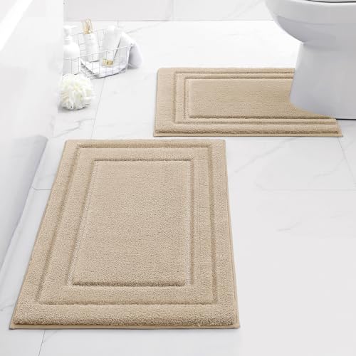 HOMEIDEAS Bathroom Rugs Sets 2 Piece, Super Soft and Absorbent Non Slip Microfiber U-Shaped Toilet Bath Mat Set (20"x32"+U20 x24, Beige) - color: Loop- Beige, size: 1'8" x 2'8" (20"x32"+U Shape 20"x24")