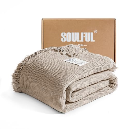 SOULFUL Muslin Throw Blanket with Tassels - Soft Twin Cotton Throw Blanket for Couch or Bed, Lightweight and Breathable Gauze for All Seasons, Light Tan, 60" x 80" - color: Light Tan, size: Twin