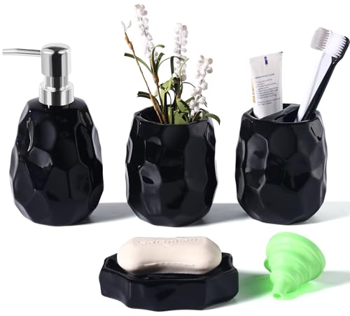 Ceramic Bathroom Accessories Set 4 PCS,Bathroom Toothbrush Holder Set,Soap and Toothbrush Holder Set,Include Toothbrush Holder,Soap Dispenser,Soap Dish,Tumbler,Bathroom Sets Decor Organizer (Black) - color: Black Ceramic 4 Pcs