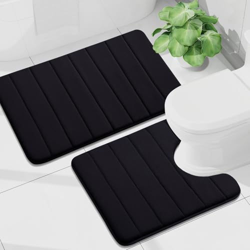Buganda Memory Foam U-Shaped Toilet Rug Bath Mat Sets 2 Piece, 30x20+24x20 | Black, Bathroom Mat and Contoured Toilet Rug, Machine Wash Dry, Soft Absorbent Bath Rug for Bathroom, Shower and Tub - color: Black, size: 30" X 20"+24" X 20"