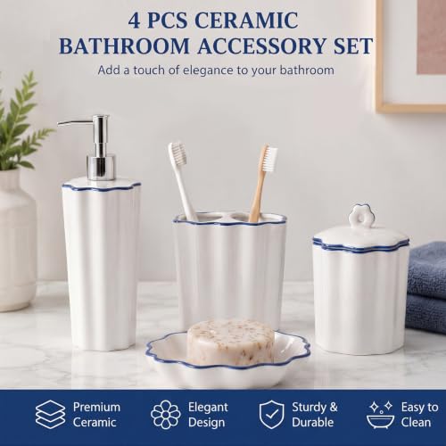 Zhehao Scalloped Bathroom Ceramic Accessories Set 4 Pcs Bathroom Accessory Sets with Toothbrush Holder Soap Dispenser Soap Dish Cotton Swab Jar Bathrooms Countertop Organizer(Blue) - color: Blue