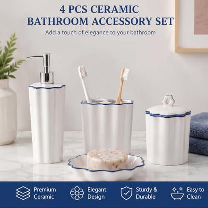 Zhehao Scalloped Bathroom Ceramic Accessories Set 4 Pcs Bathroom Accessory Sets with Toothbrush Holder Soap Dispenser Soap Dish Cotton Swab Jar Bathrooms Countertop Organizer(Blue) - color: Blue