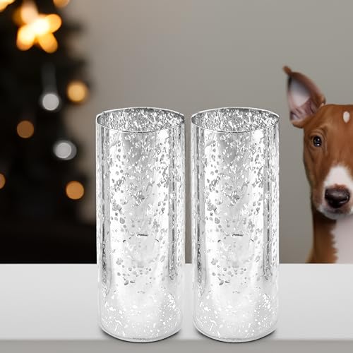 WGVI Hurricane Candle Holder Sleeve, W: 4", Ht: 10", Silver Speckled Glass Cylinder Open Both Ends, Chimney Tube Shade, 2 Pieces - color: Silver Speckle, size: 4x10"H