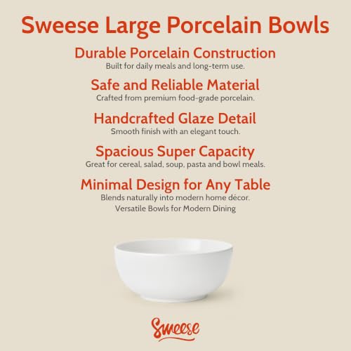 Sweese Ceramic Soup Bowl Set of 4, 29 oz Round Cereal Bowl Stackable Serving Bowl for Salad, Soup, Ramen, Fruit and Family Meals, White - color: White, size: 28 Ounce (Set of 4)