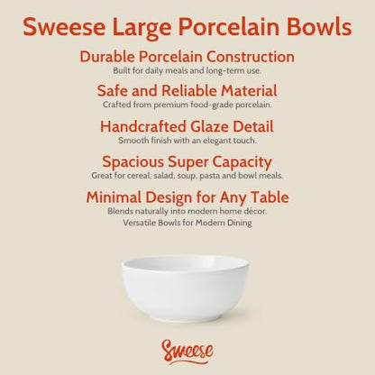 Sweese Ceramic Soup Bowl Set of 4, 29 oz Round Cereal Bowl Stackable Serving Bowl for Salad, Soup, Ramen, Fruit and Family Meals, White - color: White, size: 28 Ounce (Set of 4)