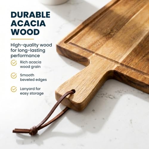 Monogrammed Acacia Wood Carving Board | 17" x 9.75" Charcuterie & Cutting Board | Handle with Lanyard | Beveled Edge Design | Custom Initial Wedding Gift - color: Acacia, style: Wide Rectangle Custom Monogram