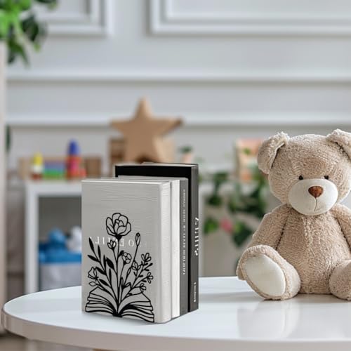 5.3"x4.3"x7.9" Metal Bookends, Heavy Duty Book Ends for Shelves | Books and Flowers Theme Cast Iron Book Supports, 1 Pair Decor Stoppers for Desk, Library, Office & Home Shelves - style: Books and Flowers