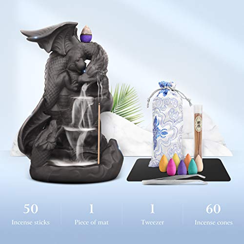 Ceramic Dragon Backflow Incense Holder Waterfall Incense Burner, Smoke Incense Holder, with 70 Backflow Incense Cones + 50 Incense Stick, 1 Mat, 1 Tweezers Home Decor (Brown-Light Dragon) - color: Brown-light Dragon