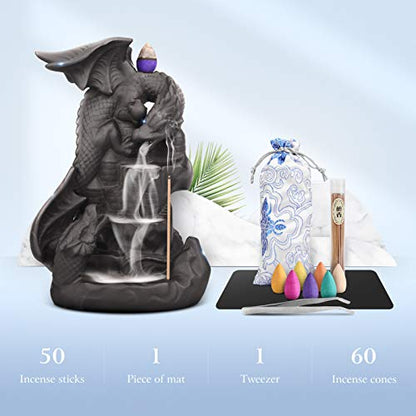 Ceramic Dragon Backflow Incense Holder Waterfall Incense Burner, Smoke Incense Holder, with 70 Backflow Incense Cones + 50 Incense Stick, 1 Mat, 1 Tweezers Home Decor (Brown-Light Dragon) - color: Brown-light Dragon
