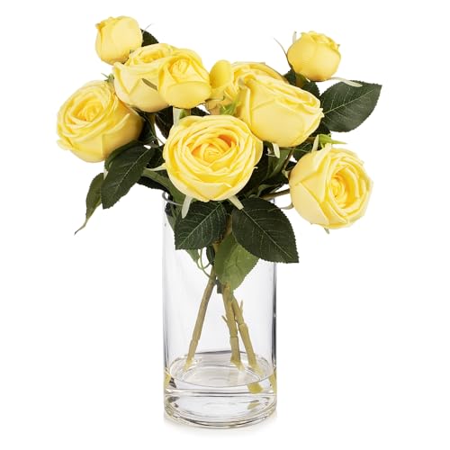 9 Heads Silk Rose Artificial Flowers in Vase,Faux Rose Flowers Arrangement in Vase with Faux Water for Table Decor Centerpieces (Yellow) - color: Yellow
