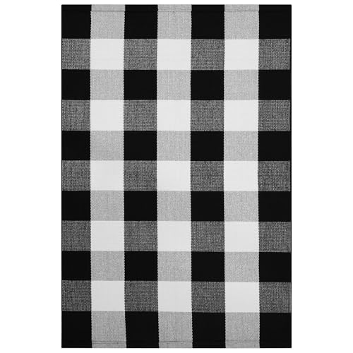 KOZYFLY Buffalo Plaid Area Rugs 27.5x43 Inches Black and White Checkered Rug Washable Front Door Mat Hand Woven Cotton Outdoor Rug Small Rug for Front Porch Kitchen Entryway Patio Bathroom | Washable Front Door Mat, Woven Cotton Outdoor Rug, Indoor Small