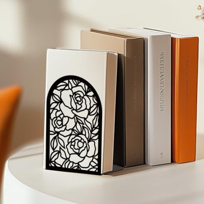 Book Ends Black Metal Bookends for Shelves Decor Rose Heavy Duty Bookends for Book Supports Unique Book Stopper for Office Book Holder Shelf Accessories 7x4.7x3.5 inch 1 Pairs/2 Pcs - style: Rose
