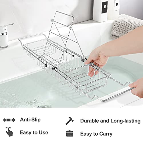 HOMEE Stainless Steel Shower Caddy Tray with Removable Book Holder Silver | European Style Extendable Rectangular Bathroom Tray for Shower Bath Phone IPad Book Holder Candleholder Table Shelf
