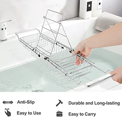 HOMEE Stainless Steel Shower Caddy Tray with Removable Book Holder Silver | European Style Extendable Rectangular Bathroom Tray for Shower Bath Phone IPad Book Holder Candleholder Table Shelf