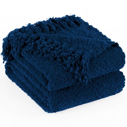Throw Blanket for Couch, Knitted Throws with Fringe Tassels | Navy Blue 50X60 Handmade Feeling Luxury Textured Blankets for Bed Sofa Chunky Knit Soft Farmhouse Boho Decor - color: Navy Blue, size: Throw (50"x60")