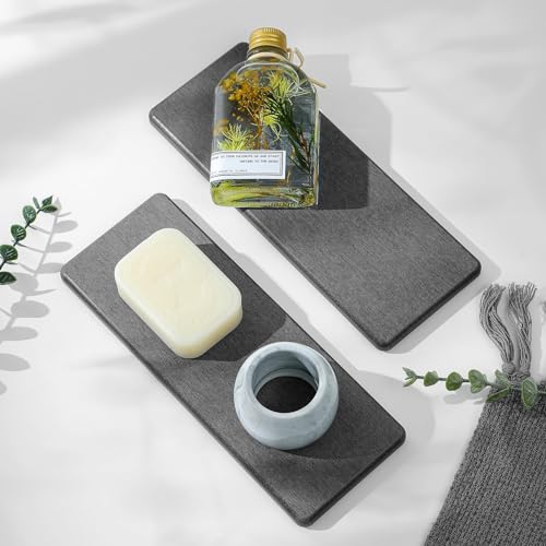 2PCS Bathroom Trays, Water Absorbing Diatomite Stone Quick Drying Mat for Kitchen Counter, Dish Rack Soap Dispenser Sponge Holder Caddy Sink Vanity Organizer, Dark Gray Slate,9"x3.5" - color: 2 Pack - Charcoal Gray, size: 9" x 3.5"