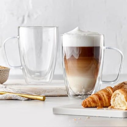 Joeyan Large Clear Double Walled Glass Coffee Mugs 16 oz, Double Layer Tea Latte Cappuccino Glasses Cups with Handle, Double Lined Insulated High Borosilicate Glassware for Hot Drinks, Set of 2 - color: 500ml-Clear