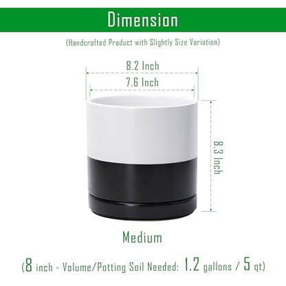 D'vine Dev 8.2 Inch Ceramic Planter Pot, Black White Two Tone, 94-O-D-L | Modern Cylinder Design, Drainage Hole & Saucer Included, Stable Structure, Elegant Home Accent - color: Layered Monochrome Black & White, size: Medium