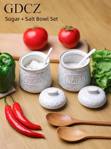 GDCZ 10 Oz Ceramic Salt and Sugar Bowls Set with Lid and Spoons (White) | Convenient Set of 2 for Kitchen, Includes Lids & Matching Spoons, 10oz Capacity, Embossed Pots - color: White