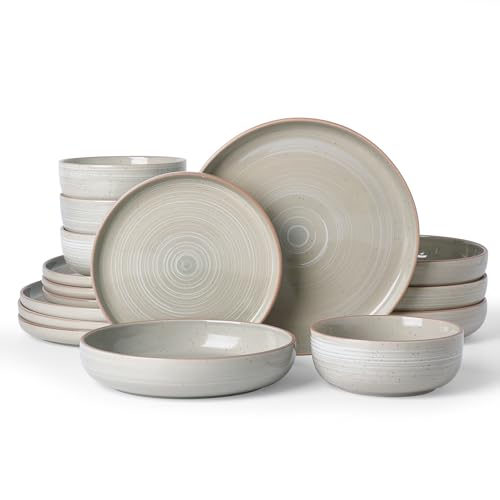 Famiware Meteor 16-Piece Stoneware Plates and Bowls, Matcha Green | Dinnerware Set with Pasta Bowls for 4, Reactive Glaze Dish Set, Microwave & Dishwasher Safe, Chip & Scratch Resistant - color: Matcha Green, size: Service for 4 (Include Pasta Bowls)