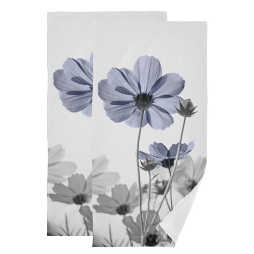 2 Pack Rustic Blue Grey Flower Daisy Hand Towels for Bathroom,Absorbent Fingertip Blooming Gray Wildflower Botanical Guest Decorative Bath Towels,Soft Dish Towels for Kitchen Decor 14"x28" - color: Blue Grey