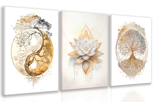 GELDSTEI Wrapped Canvas Tree of Life Spiritual Wall Art Set of 3, 12x16 in | Yin Yang Lotus Design Yoga Wall Decor, Peaceful Meditation Decor Gift for Home, Yoga Studio and Spa - color: White-Gold, size: 16"L x 12"W