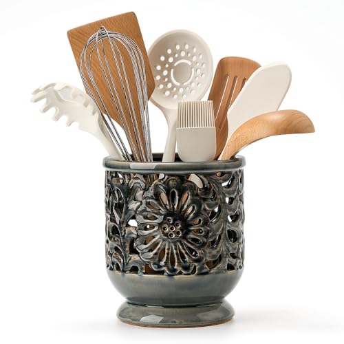 Farmhouse Kitchen Utensil Holder for Countertop, Ceramic Large Cooking Utensil Crock with Cork Mat, Decorative Rustic Utensil Holder for Kitchen Counter, Hollow Carving Flower, Gray - color: Gray & Blue & Brown