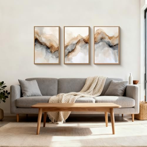 Ausril Abstract Neutral Watercolor Framed Canvas Wall Art Set -16"×24" x3 | Modern Texture Art Prints Retro Ink Landscape Wall Decor Minimalist Brown Beige Wall Painting for Living Room Bedroom Office - color: Abstract Neutral Wall Art, size: 16"L x 24"W