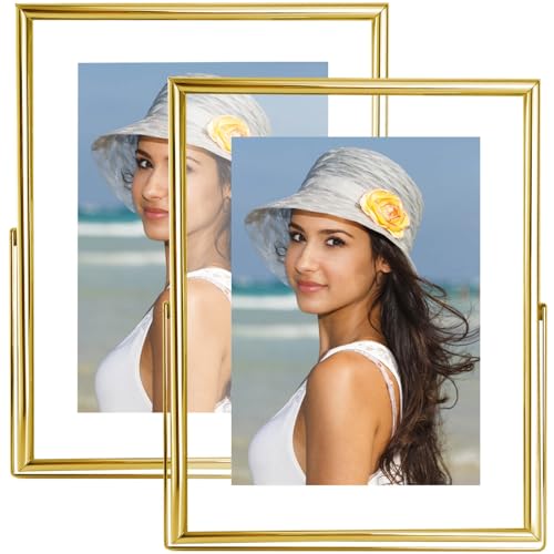 5x7 Floating Picture Frames Set of 2, Made of Metal and Double Real Glass, for Photo Size up to 7x9, Tabletop Display Home or Wedding Decoration (Vertical Gold) - color: Gold (Vertical), size: 7x9 for 5x7 (2 Pcs)