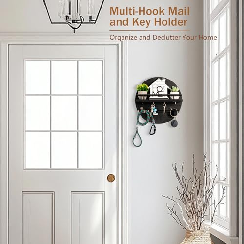 dreampossible Key Holder for Wall Decorative with Shelf and Hooks, Mail Organizer Wall Mount, Circular Design Entryway Key Rack Hanger, Rustic Home Decor (Black)