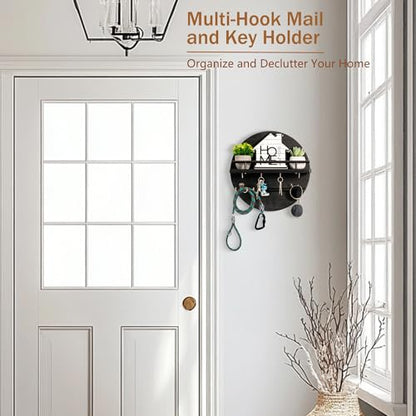 dreampossible Key Holder for Wall Decorative with Shelf and Hooks, Mail Organizer Wall Mount, Circular Design Entryway Key Rack Hanger, Rustic Home Decor (Black)