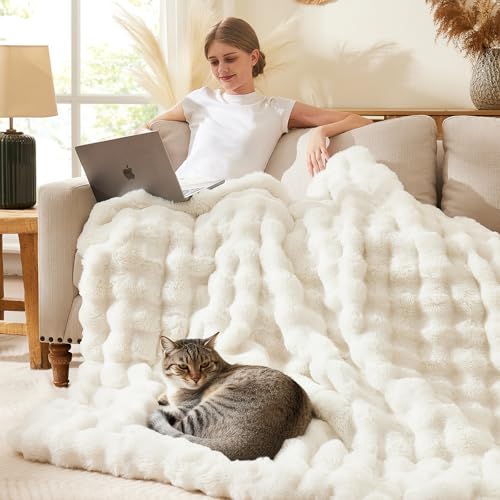 L'AGRATY Faux Rabbit Fur Throw Blanket for Couch, 90'' x 90'', Cream White | Soft Cozy Bubble Fluffy Blanket for Sofa Bed, Thick Warm Plush Fuzzy Throw for Room Home Decor, Luxury Gift for Women Mom - color: Cream White, size: 90" x 90"