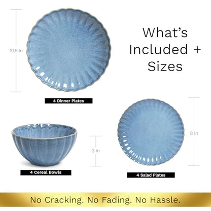 12 Pieces Stoneware Dinnerware Set, Microwave and Dishwasher Safe, for 4 | Scallop Frill Design, Chip Resistant, Ceramic, Includes Plates and Bowls - color: Blue, size: 12-Piece Set