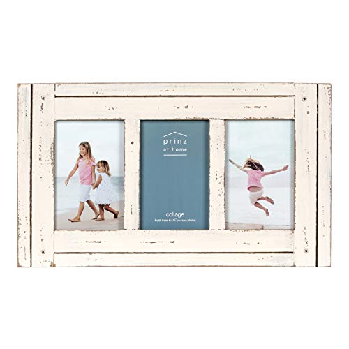 Prinz Homestead Antique White 3-Opening Collage Picture Frame 4x6 Photos - Distressed Wood Two-Way Easel Wall Tabletop Display - color: Antique White
