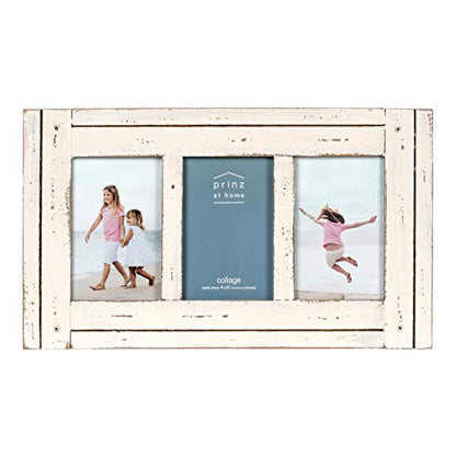 Prinz Homestead Antique White 3-Opening Collage Picture Frame 4x6 Photos - Distressed Wood Two-Way Easel Wall Tabletop Display - color: Antique White